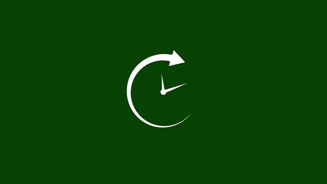 white Animated clock arrow icon spinning counterclockwise on dark green background for history reload back in time backup and time management