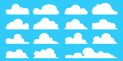 Fototapeta premium set of vector illustrations of clumpy clouds, cloud bubbles in flat style on a blue background 