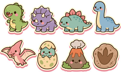 Cute Kawaii Dinosaur Icons Set with T Rex Triceratops Stegosaurus Volcano and Fossil Vector Illustration © Indrart