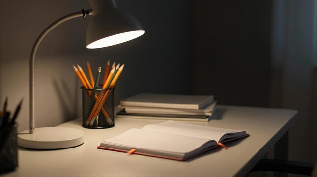 Desk with open notebook, pencils, lamp, and stacked books in a dimly lit room