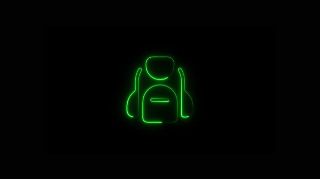 Glowing green neon backpack icon animation on black background, Neon outline rucksack school bag line art motion graphics
