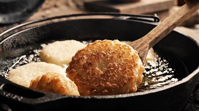 Close up shot of crispy potato pancakes frying in boiling hot oil within a rustic black cast iron skillet. A wooden spatula flips the golden brown fritters.