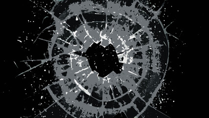Shattered glass impact with radiating cracks and fragmented pieces against a black background broken hole fracture breakage © Rabindrabath