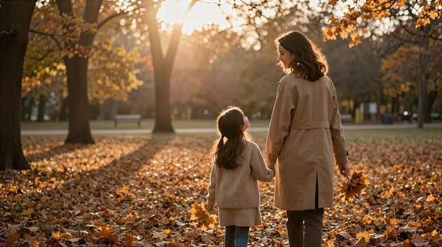 Mother and daughter walk together in a park during autumn in the evening
