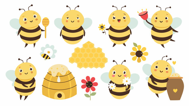 A collection of cartoon bee illustrations with honeycomb flowers and honey pots on a white background bees