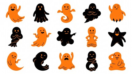 Fototapeta premium Set of cute orange and black ghost stickers for halloween party decorations and creative craft projects