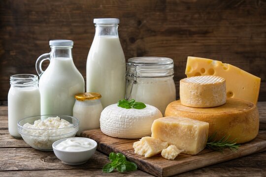 Assortment of dairy containers on rustic wooden surface with soft diffused lighting.