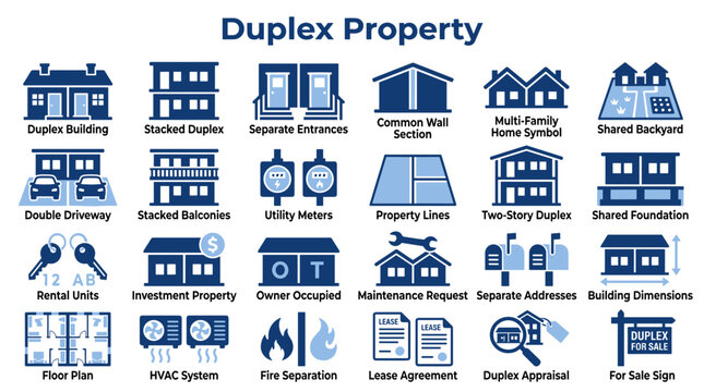 Set of duplex property icons illustrating real estate concepts like building design floor plans maintenance and rental investment features