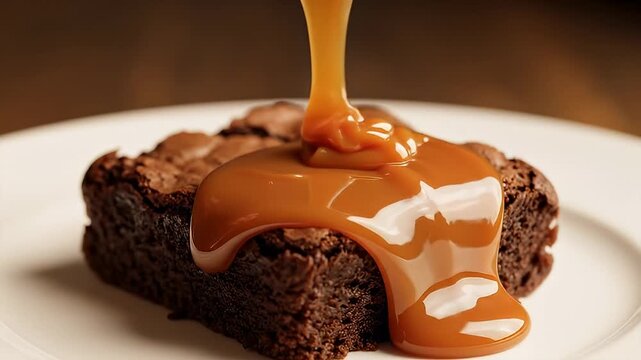 Caramel sauce pouring over rich chocolate brownie on plate