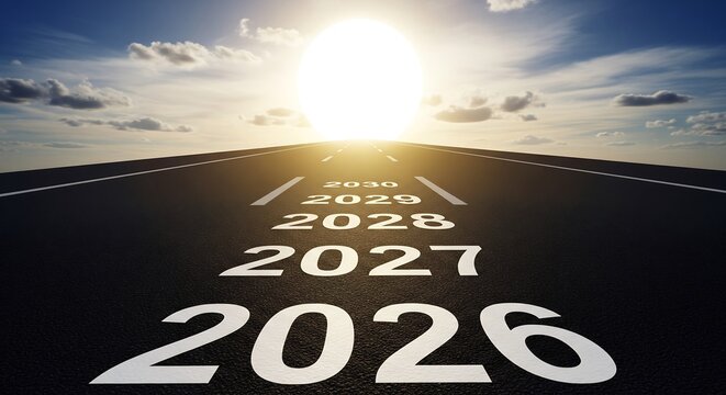 Road leading to future years 2026 to 2030 at sunrise