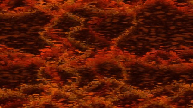 Molten lava flowing across textured surface closeup split panels, flowing motion, close up, orange
