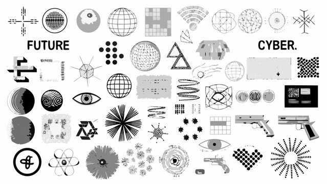 Collection Of Cybernetic Elements Including Spheres Geometric Shapes And Futuristic Icons In Black And White abstract design atomic structure