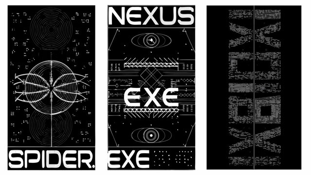 Monochrome vector illustrations featuring geometric shapes stylized text and eye motifs on a black background abstract art