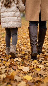 Walking together on a path covered in autumn leaves in a park during the fall season