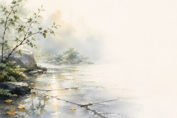 Obraz premium Rain Soaked Stone Garden Watercolor with Soft Reflections and Tranquil Light
