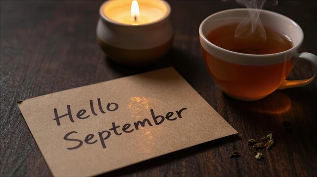 September arrives with tea and a candle on a wooden table