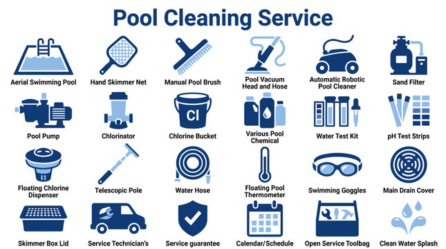 Swimming pool cleaning service icons set displaying maintenance tools equipment and professional water care supplies for residential pool sanitation and maintenance