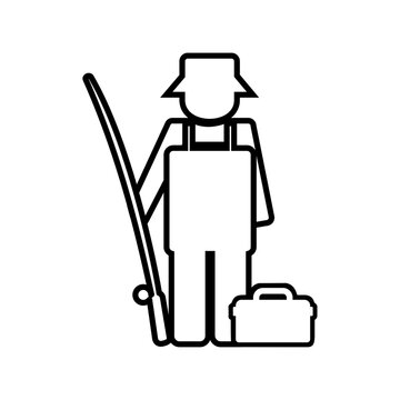 Minimalist fisherman icon with rod and tackle box for outdoor activities, vector illustration on isolated transparent background, PNG