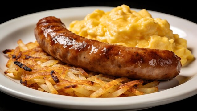 Hearty Breakfast Sausage with Scrambled Eggs and Hash Browns.