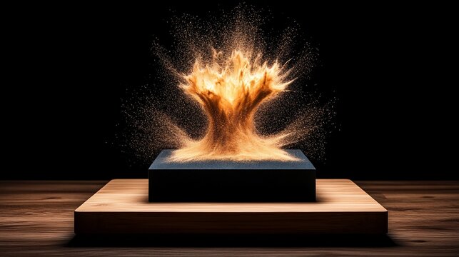 Golden sand explosion on a dark pedestal.  A beautiful display of a golden sand explosion emanating from a dark square pedestal, resting on a light-brown wooden platform