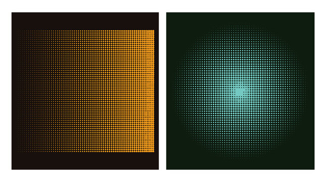 Abstract neon halftone gradient dot patterns set. Modern vector orange horizontal screen print texture and cyan radial circular dot background isolated on dark backdrop for design.
