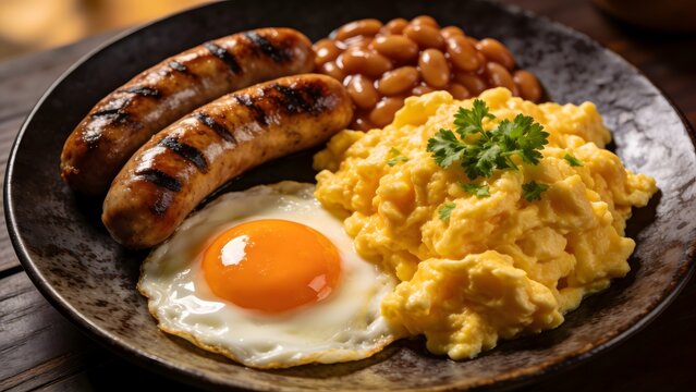 Hearty English Breakfast with Sausages Beans and Scrambled Eggs.