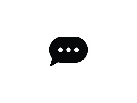 Black speech bubble silhouette with three white dots on a white background simple graphic chat message communication dialogue