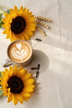 Coffee with sunflowers and wheat on a table in the morning
