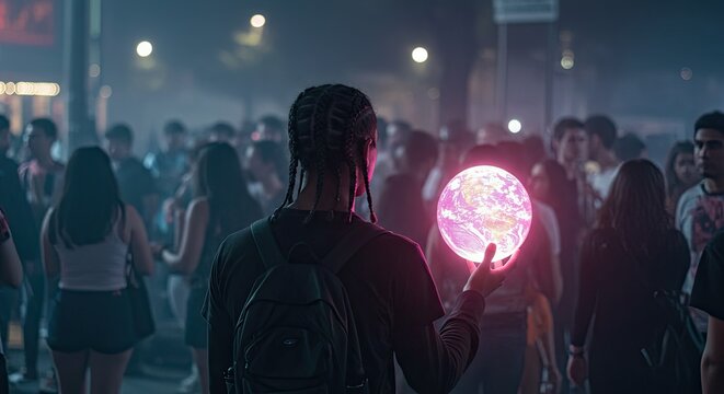 Person holding glowing orb in crowd.