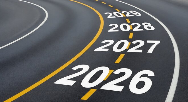 Years 2026 to 2029 written on a curved asphalt road
