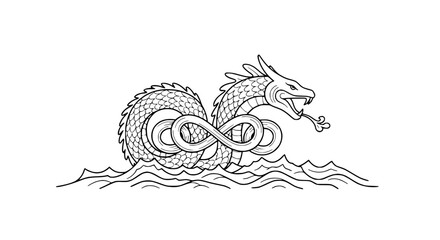 Obraz premium Mythical Sea Serpent Emerging From Waves In Infinity Shape Line Art