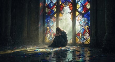Fototapeta premium Person sitting alone in church praying.