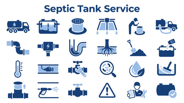 Set of septic tank service icons illustrating plumbing maintenance and waste management solutions for residential and commercial sanitation systems