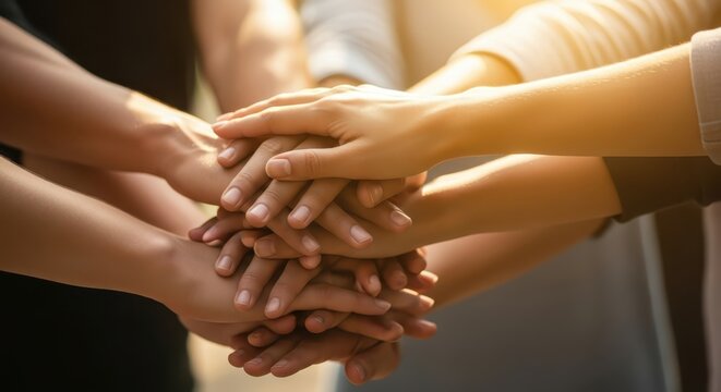 Diverse Group of People Stacking Hands Together for Teamwork and Unity in Golden Sunlight