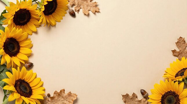 Sunflowers and leaves decorate a light background for a vibrant display