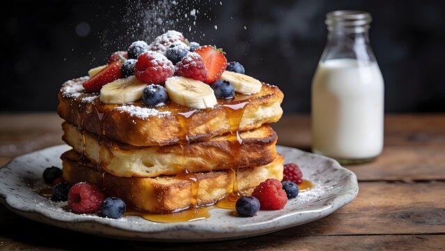 Stack of French Toast Topped with Fresh Berries and Banana Slices.
