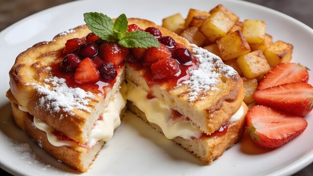 Delicious French Toast Sandwich with Berries and Potatoes.