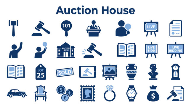 Auction house icons collection featuring gavel bidder paddle items for sale and bidding process symbols for professional sales platforms