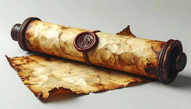 Ancient parchment scroll with wax seal, historical document, aged paper texture, antique rolled manuscript, vintage artifact