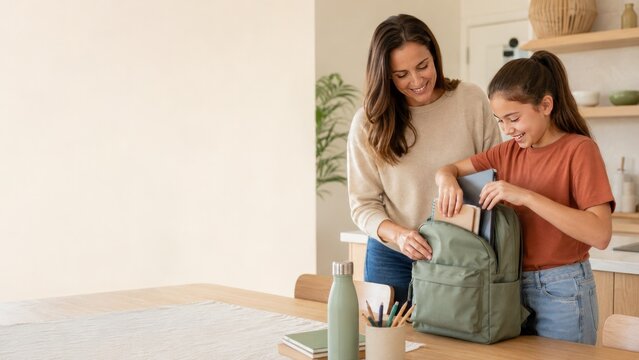 Mother helping her daughter pack a school backpack, back to school, copy space for text