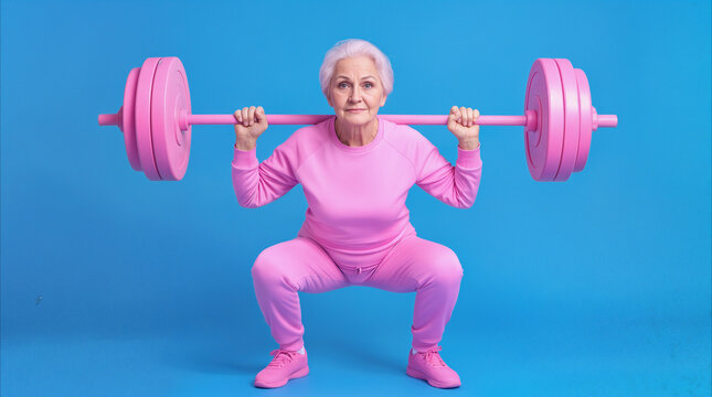 Senior woman performing barbell squats against blue background. Active lifestyle and strength training for elderly people.