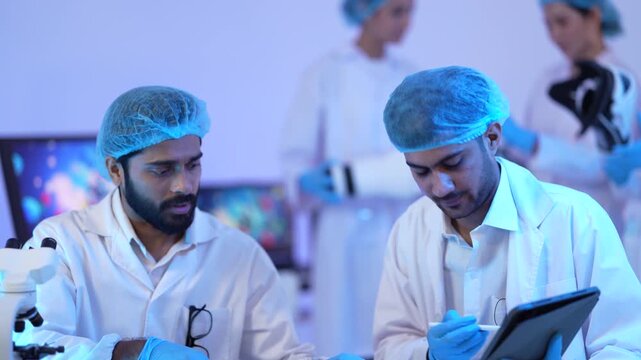 Male scientists in surgical caps analyse data on a tablet together under moody blue light while working in a modern futuristic biotechnology research laboratory