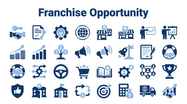 Franchise Opportunity icons set showing business growth and corporate development