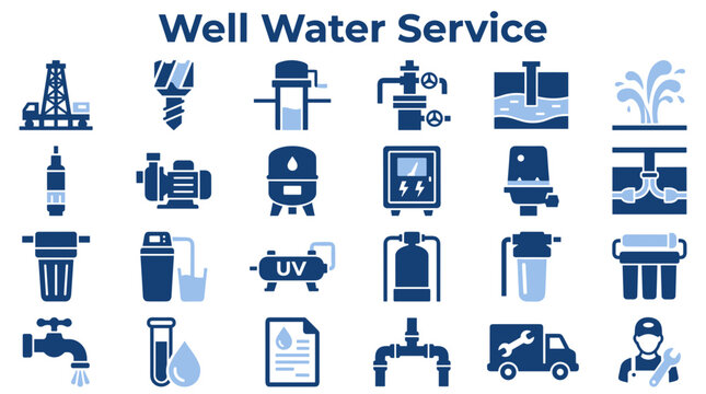 Well water service icons showing drilling equipment filtration systems pumps and maintenance plumbing tools for residential water supply management solutions