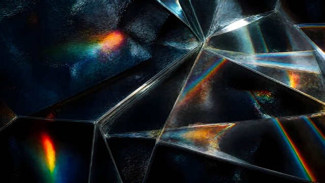 Dark oil painting texture refracted through overlapping holographic glass prisms, creating luminous rainbow reflections, rich impasto brushstrokes, and a sophisticated multidimensional abstract backgr