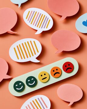 Top-down view of colorful feedback rating icons and paper speech bubbles representing customer conversation