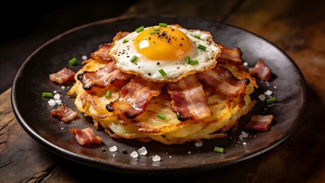 Delicious Breakfast Dish with Fried Egg and Bacon on Hash Browns.