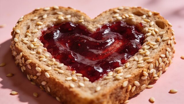 Heart Shaped Toast With Jam and Sesame Seeds Close Up.