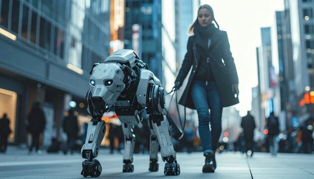 Woman walking robotic dog city street.