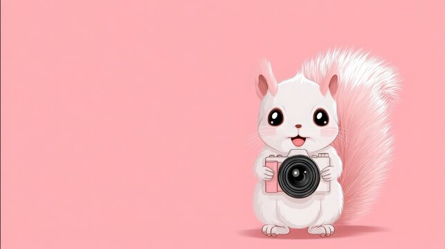 A charming cartoon squirrel with fluffy white fur joyfully holds a camera, creating a whical and heartwarming scene against a soft pink backdrop for everyone.